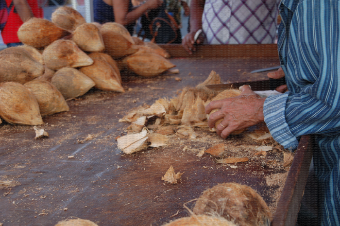 Marché de St André (Réunion) - Préparation et vente des noix de coco